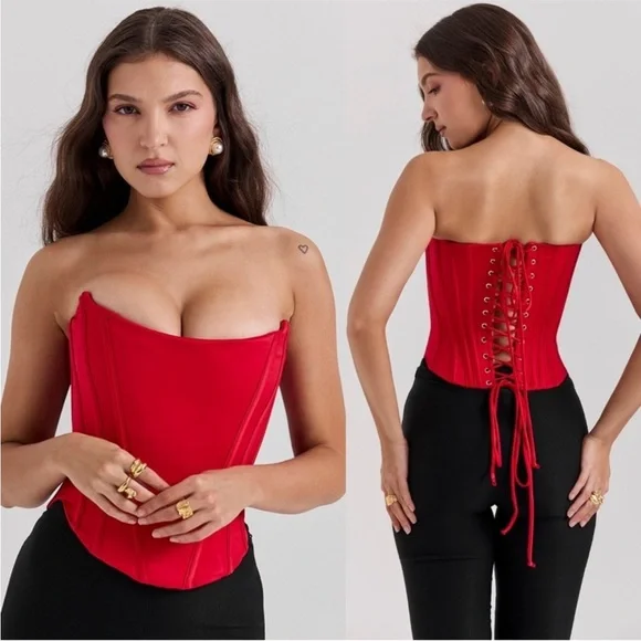House Of CB 'Genevieve' Scarlet Satin Lace Back Corset XS NWOT‎