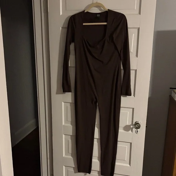 Pumiey Brown Long Sleeve Spandex Jumpsuit