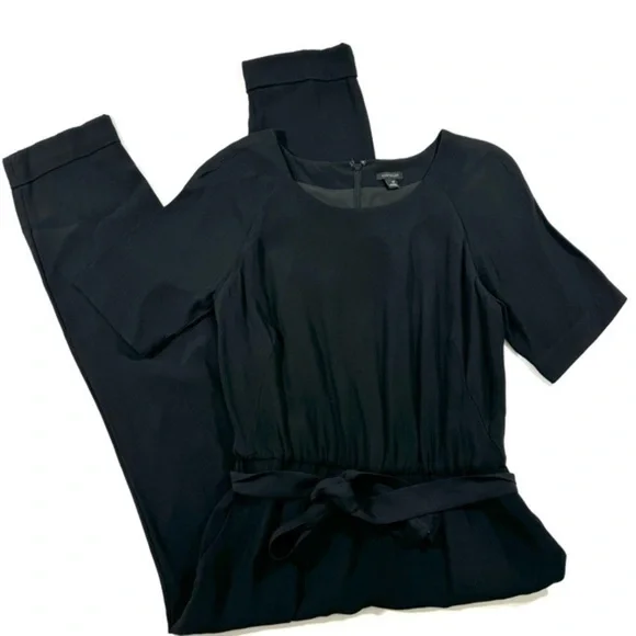 Ann Taylor Tapered Leg Jumpsuit Black Tie Waist Round Neck