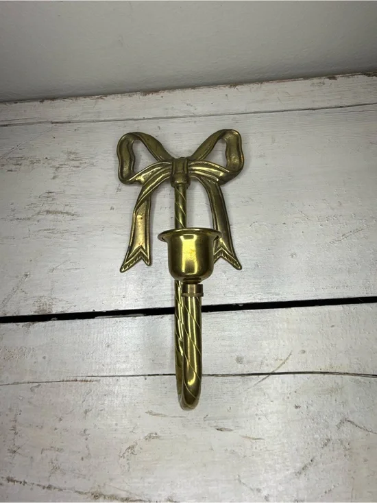 Vintage MCM Brass Bow Wall Sconce Candle Holder 8” Tall, Hollywood Regency Decor
