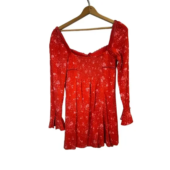 Free People Red Flutter Sleeve Smocked Blouse