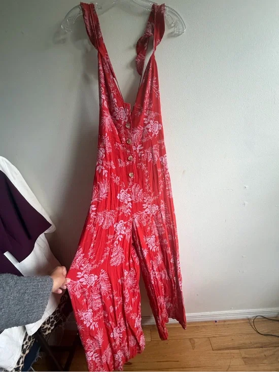 Free People Red Floral Button-Front Wide-Leg Jumpsuit