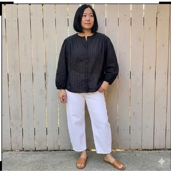 Old Navy Black Dobby Stripe Button Front Blouse XL Cotton Puff Sleeve Top 704077