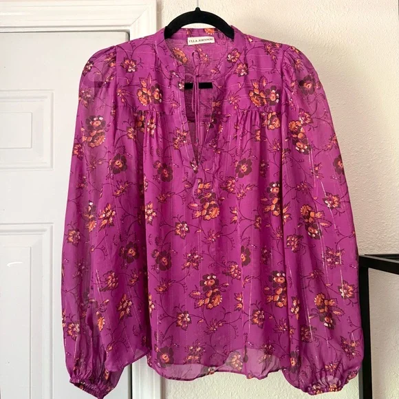 ULLA‎ JOHNSON magenta purple floral silk puff long sleeve blouse shirt top