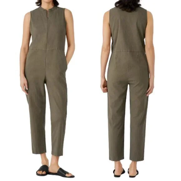 Eileen Fisher Cotton Hemp Stretch Zip Up Jumpsuit Olive Green XXS