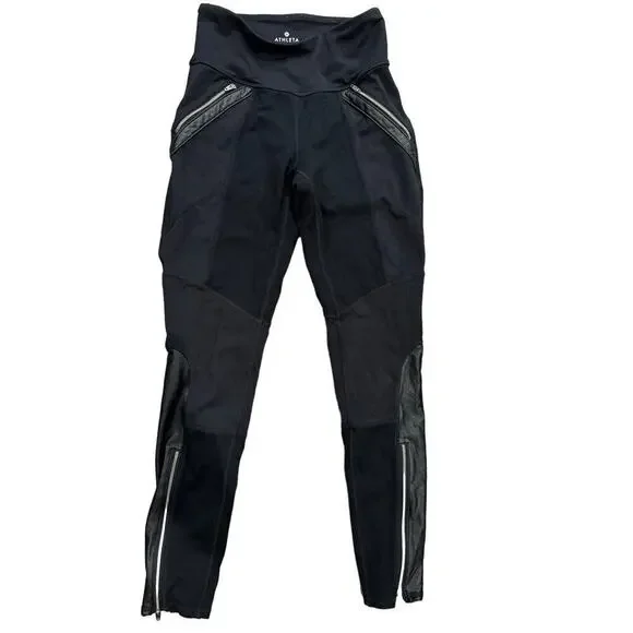 Athleta Ponte Luxe Leggings Pant Faux Leather Moto Zip Ankle Black Size XS