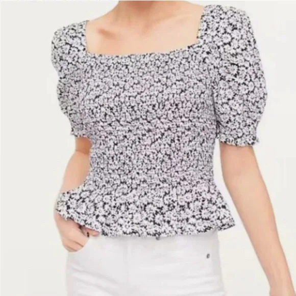 J CREW Black & White Daisy Print Blouse Square Neck Ruffle Hem XL, NWOT