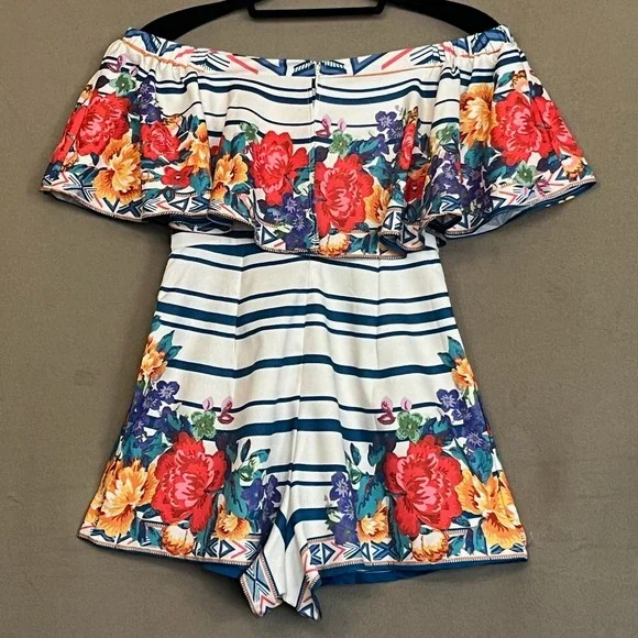 Flying Tomato Floral Romper Shorts‎ 1 piece Off Shoulder Striped Summer Outfit S