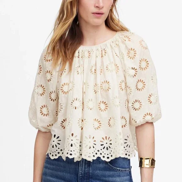 Madewell Embroidered Floral Cutouts Shirred Puff-Sleeve Top Cream Size S NWT