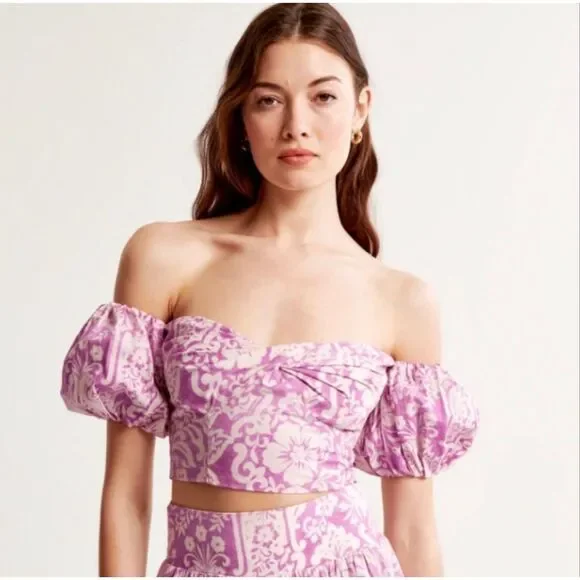 NWT Abercrombie & Fitch Floral Puff Sleeve Crop Top Lilac White Size L Milkmaid