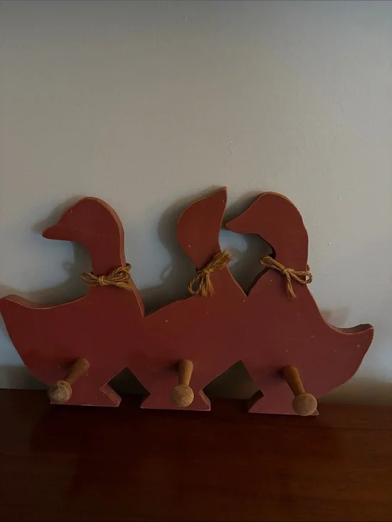 Vintage Handcrafted Rust Red Wooden Duck Wall Hook Rack