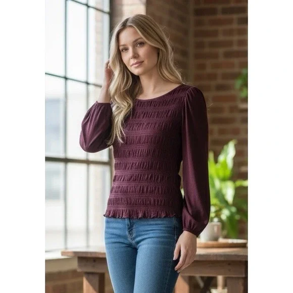 Madewell Women's L New Puff LS Smocked Knit Top Blouse Burgundy