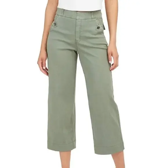 ​SPANX Twill Crop Wide Leg Pants Medium Olive Green High Waist Stretch women's.