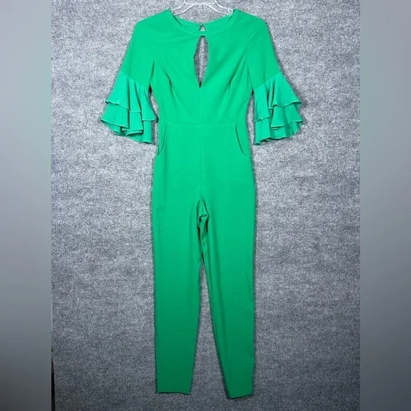 NWT Bebe SZ 0 Kelly Green Nora Jumper Festive Cut Out Tiered Bell Sleeve Pockets