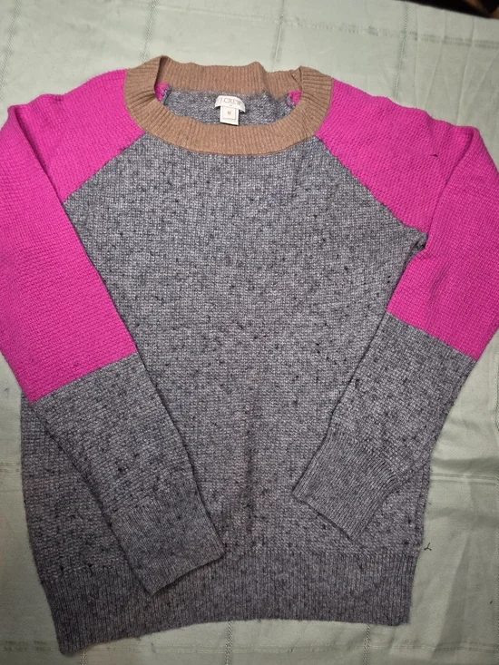 J. Crew Colorblock Merino Wool Blend Waffle Knit Sweater Pink Grey Tan M