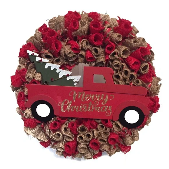 Hand Crafted Christmas Holiday Wreath Red Tan Burlap with Hanger and Storage Bag