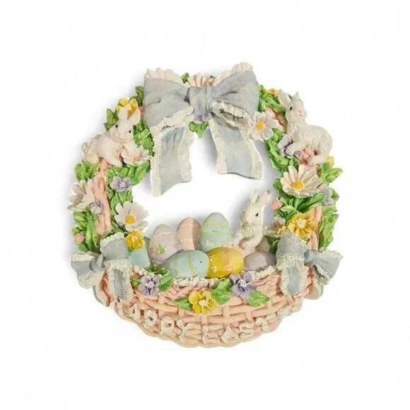Vintage 1990s Easter Bunny Wreath – Hand-Painted Resin w/ Original Box