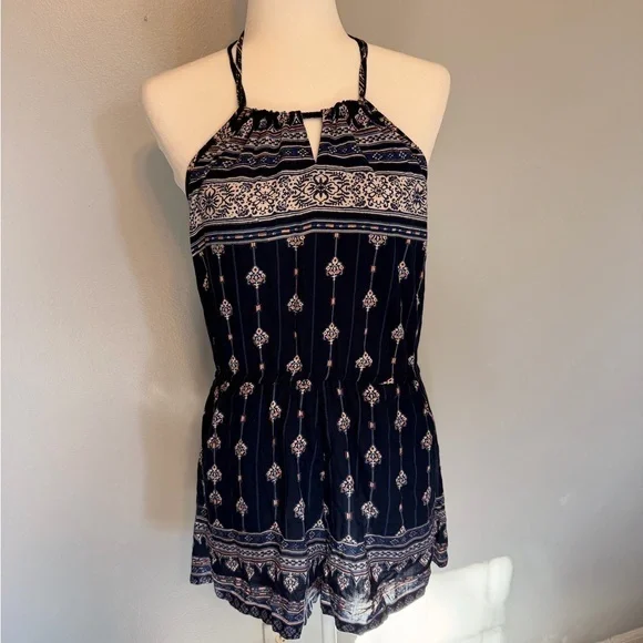 Angie Navy and White Patterned Romper