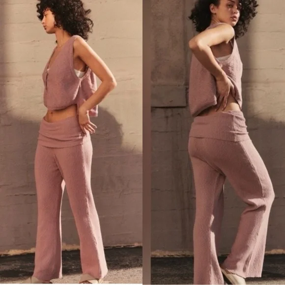 NEW FREE PEOPLE FP Beach Ruby Mauve Knit Sweater Foldover Joggers Pants Sweats