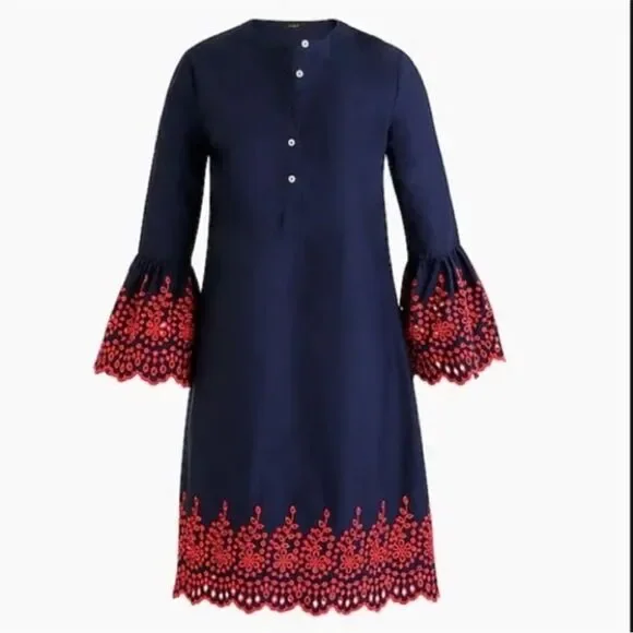 J. Crew eyelet bell sleeve dress, navy. Size XXS. NWOT.