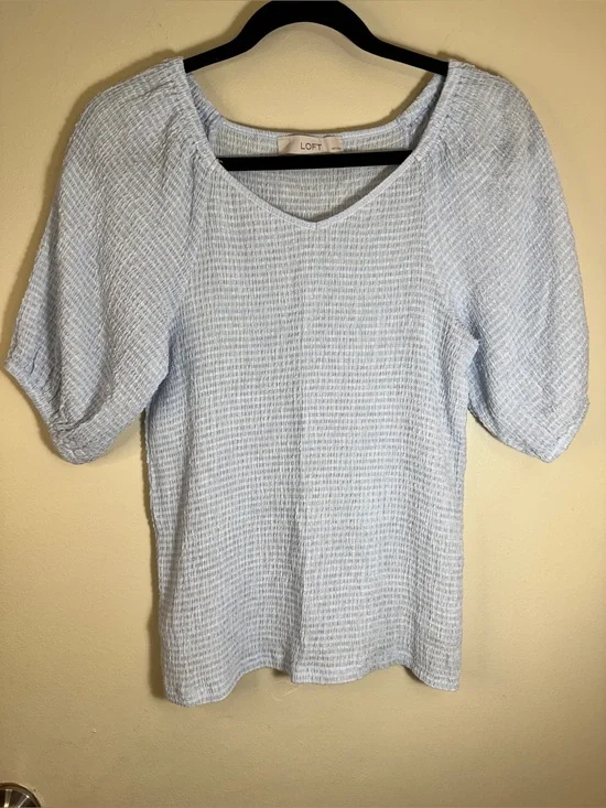LOFT Pale Blue Textured Puff-Sleeve Top