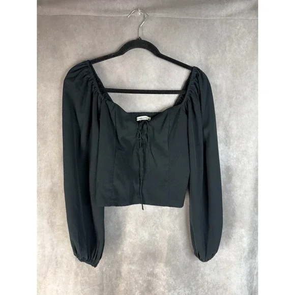 Abercrombie & Fitch Square Neck Smocked Puff Sleeve Blouse In Black Sz S