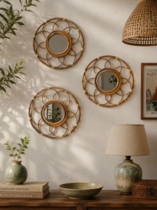 Vintage 1970s Vietnam Rattan Flower Wall Mirrors Set of 3 Boho Coastal Decor