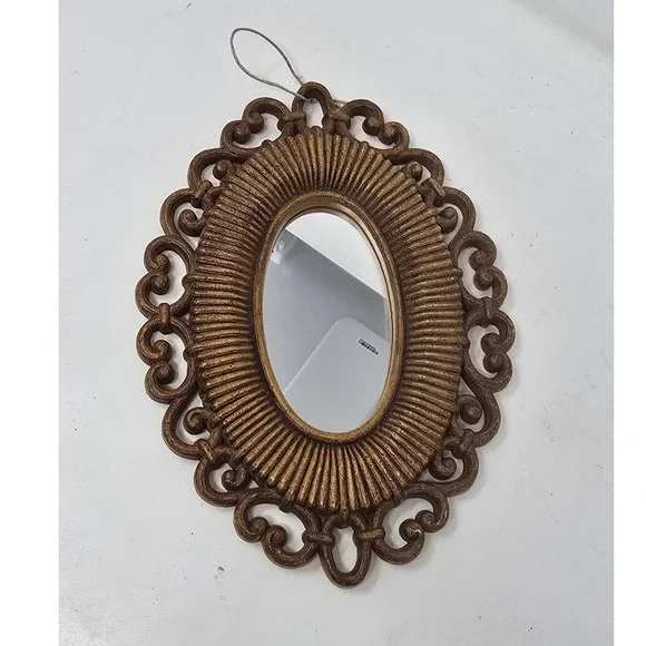 Vtg Dart Homco MCM oval mirror faux rattan wicker USA boho-chic Americana retro