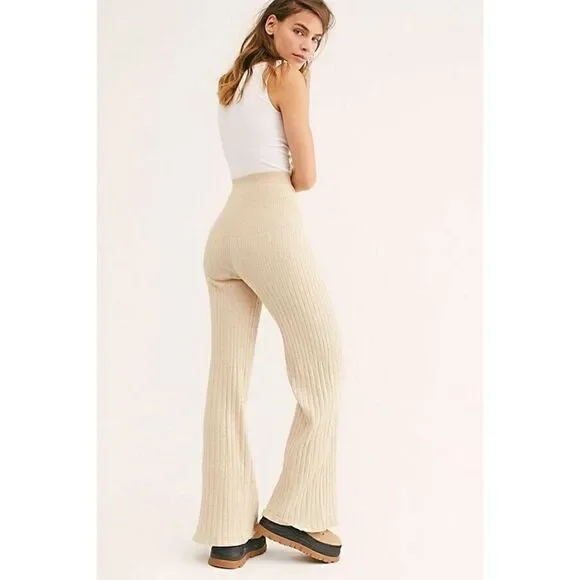 NEW FREE PEOPLE Sz LKEEP IT REAL SWEATER RIBBED KNIT FLARE PANTS CHAMPAGNE