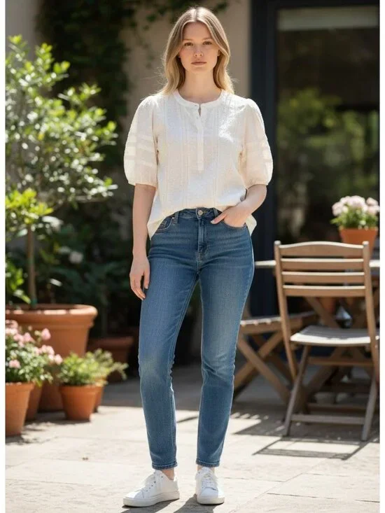 Loft Ivory Textured Blouse Embroidered Details Puff Sleeves Womens Small