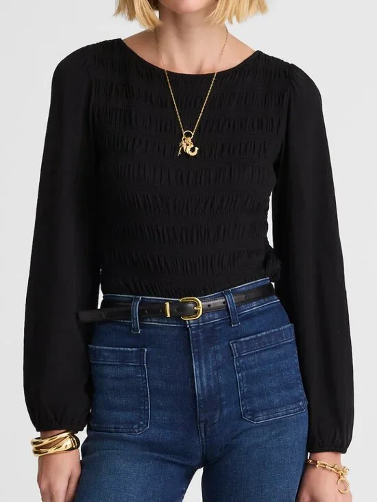 Madewell Smocked Cotton Boatneck Puff Sleeves Slim Fit Top Black Size XS NWT