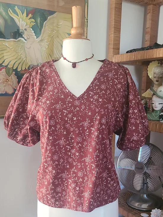Madewell Batik Vine V-Neck Puff Sleeve Top Size S