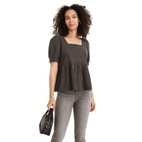 Madewell Y2K Denim Babydoll Top Size S Puff Sleeve‎ Twee Dark Coquette Preppy