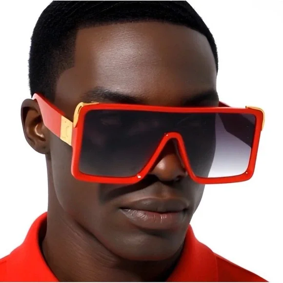 Mens Oversized Square‎ Shield Sunglasses Red Gold Flat Top Gradient Lens Luxury