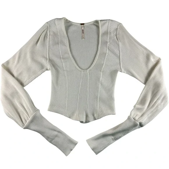 Free People White Ribbed Knit Scoop Neck Corset Top Long Sleeve Wide Cuff Small