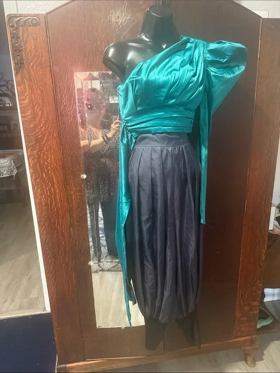 Satin Green Top (m) with Grey (lg) Harem Pants & bonus Snake green crop top (m)