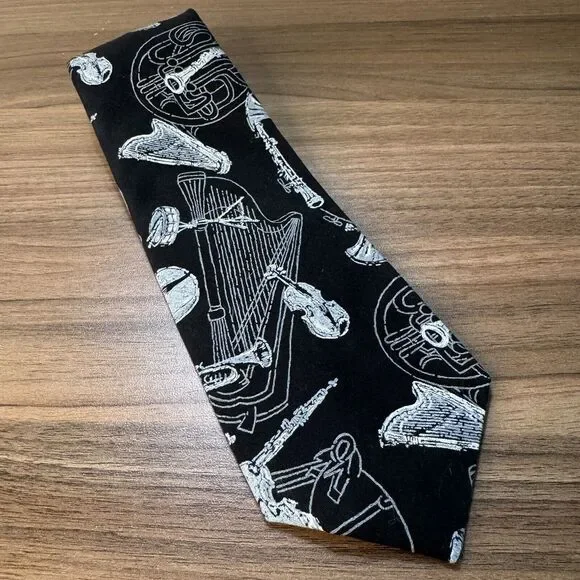 D'em Crazy Musical Theme Neck Tie‎ Black White Orchestra Flute Sax Tuba Violin