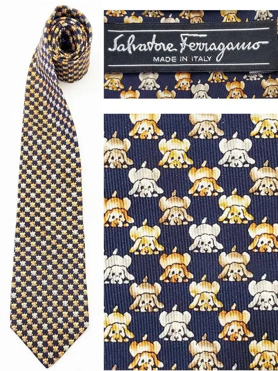 Salvatore Ferragamo Mens Puppy Dogs Puppies Navy 100% Silk Neck Tie Made Italy