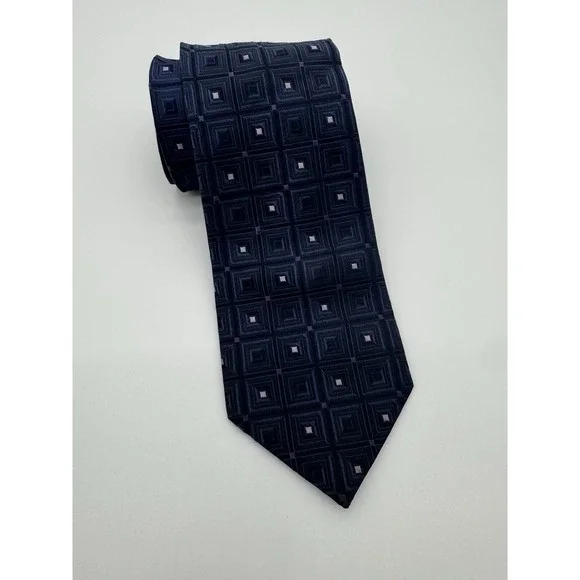 Michael Kors Tie Blue Geometric Square Pattern Silk Blend Classic Mens Necktie