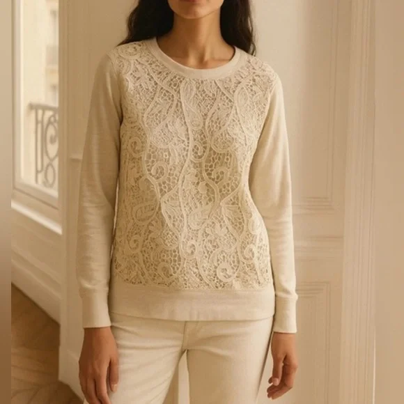 J. Crew Beige Cotton Lace Crewneck Sweater - Size M