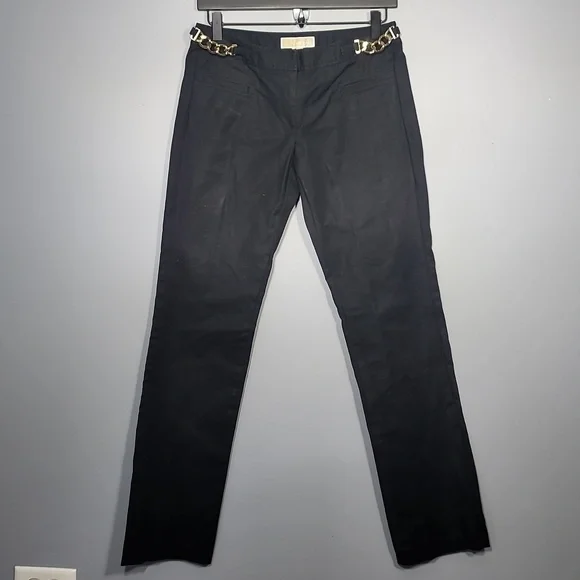 Michael Kors Black Straight Leg Chino Gold Hardware Belted Pants