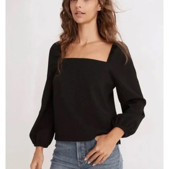 Madewell Crepe Square-Neck Puff-Sleeve Long Sleeve Top True Black Size Small
