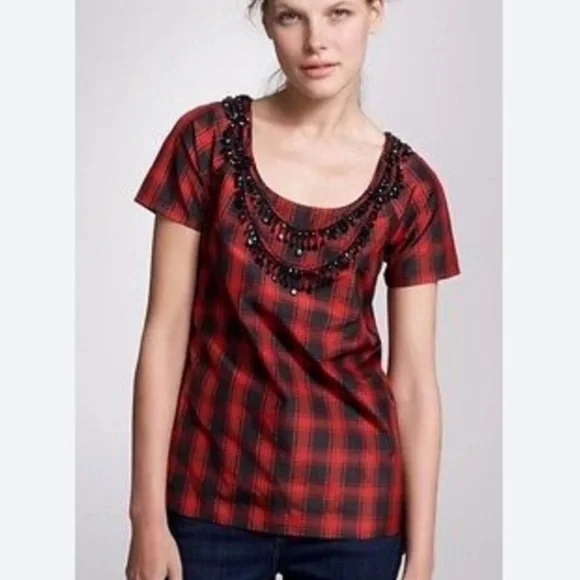 J.Crew Eliza Red & Black Plaid Silk Taffeta Top | Size 0