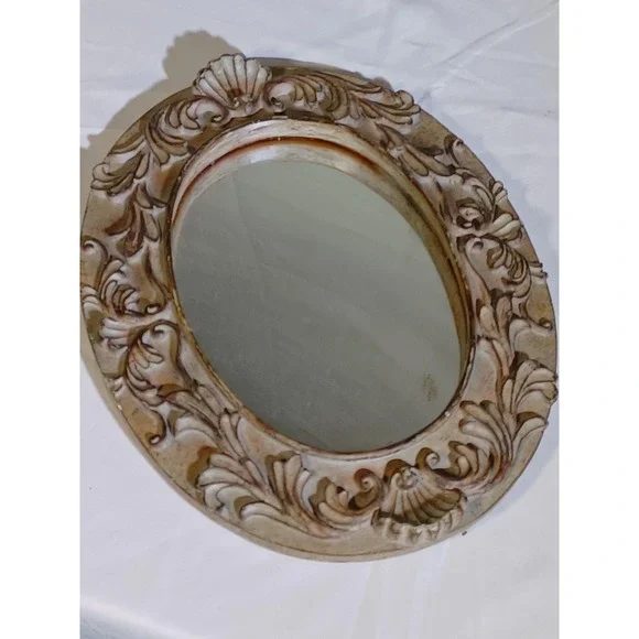 Bella‎ Casa Oval Wall Mirror Beige Resin Frame Distressed Shabby Chic Accent
