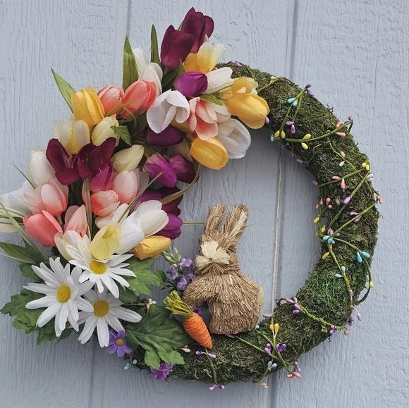 Handmade Spring Floral Easter Wreath with Bunny Moss Covered With Tulips Daisies