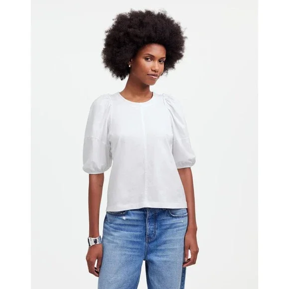 Madewell Small Puff Sleeve Tee White Cotton Short Sleeve Relaxed Round Neck NWT