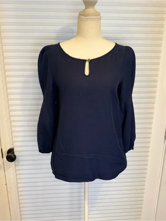 J. Crew 100% Silk Navy Keyhole Puff-Sleeve Top CB1036