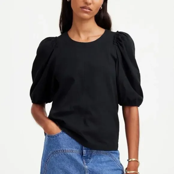 Madewell Puff Sleeve Cotton Tee Jet Black Size XS NWT