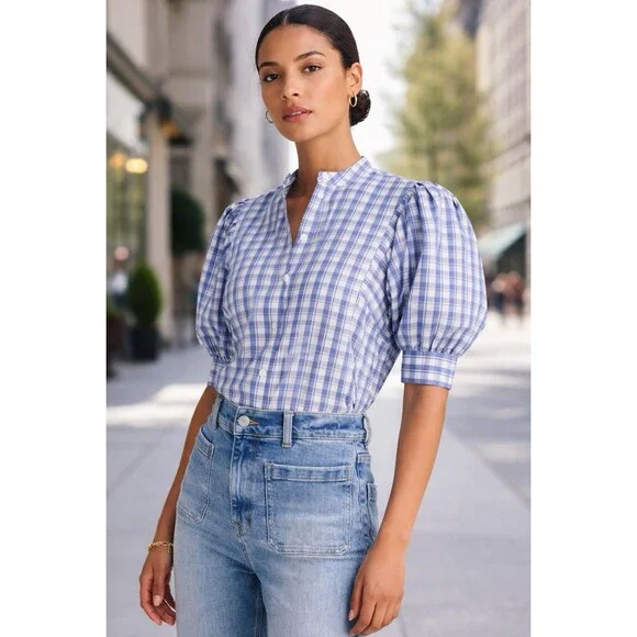 Madewell NWT Checkered Tessa Top Band Collar Puff Sleeve Size 12 Coquette Girl