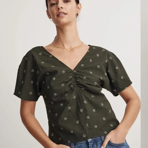 Madewell Forest Green Floral Voile Puff Sleeve Top Size 2